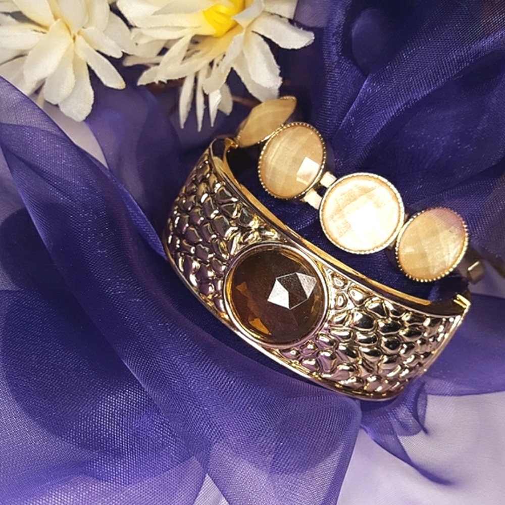 LOT X2🔥Chunky Gold Tone Croc Faux Rhinestones Cuff Bracelets